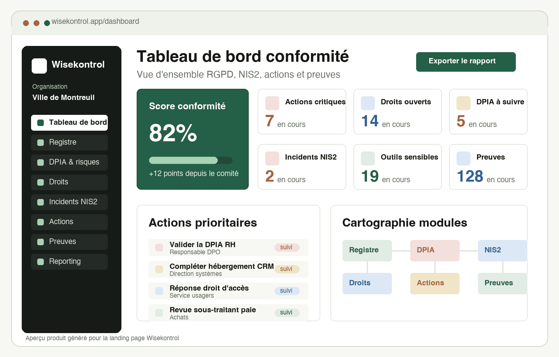 Aperçu du tableau de bord Wisekontrol avec score de conformité, actions critiques, registre et modules RGPD